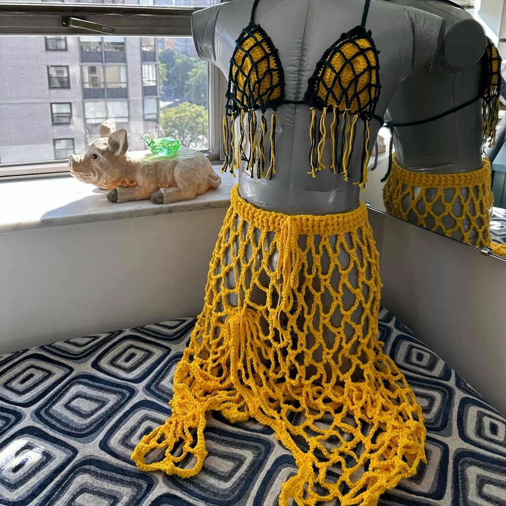 Handmade crochet skirt cover up beach summer net mesh medium/large yellow boho